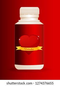 3D Illustration of Plastic Bottle with Red Label Heart and Banner with Valentine Text Over Red Background