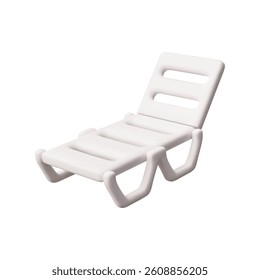 3D illustration of plastic white beach lounge chair. Folding chair for sunbathing. Spending time. Summer vacation by the sea. Beach leisure equipment. Cartoon style. Isolated background. Icon.