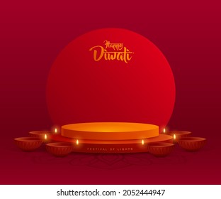 3D illustration of podium stage scene with Indian Diwali Diya oil lamp and round blank card. The Festival of Lights.