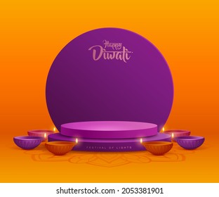 3D illustration of podium stage scene with Indian Diwali Diya oil lamp and round blank card. The Festival of Lights.
