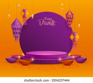 3D illustration of podium stage scene with Indian Diwali Diya oil lamp and paper graphic Indian lantern on round blank card. The Festival of Lights. - Shutterstock ID 2054237444