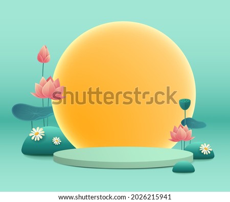 3D illustration of podium stage scene with paper graphic style of lotus lily pond and round blank card. Mid Autumn Mooncake festival background. Wide copy space for design.