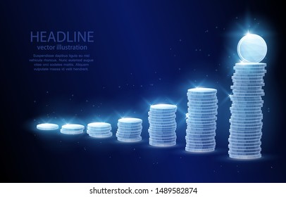 3d illustration polygonal vector concept coins in piles symbolizing a graph of profit growth, on a dark blue background, money, banking, income.