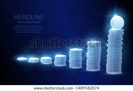 3d illustration polygonal vector concept coins in piles symbolizing a graph of profit growth, on a dark blue background, money, banking, income.
