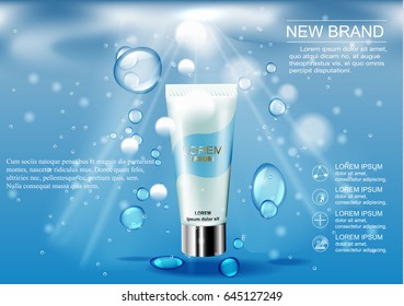 3D illustration poster with moisturizing cosmetic premium products, blue background with beautiful tubes and beams of light. Vector illustration.