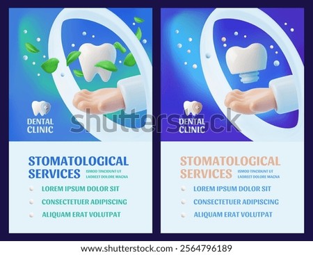 3d illustration of poster set with human hand and teeth with mint leaves and implants. Dental clinic services. Protection and restoration of teeth. Leaflets with space for text. Vector.