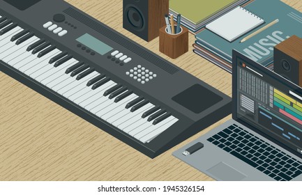 3D illustration. Professional musician isometric desktop with keyboard, laptop and audio equipment: creativity and music concept