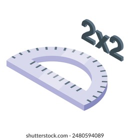 3d illustration of a protractor with 2x2 math symbols, depicting measurement and mathematics concept