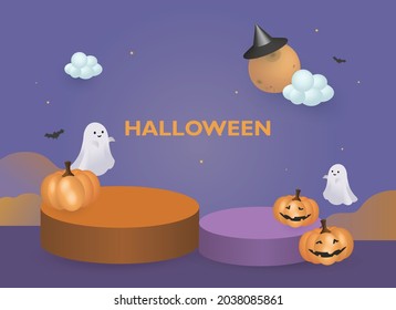 3D Illustration of pumpkins and ghost on abstract night sky background with circular stage podium. Happy Halloween background or banner Halloween template. 
