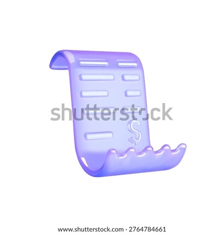 3D illustration of a purple translucent receipt symbol with a dollar sign. The minimalist design is set against a white background, perfect for finance themes.
