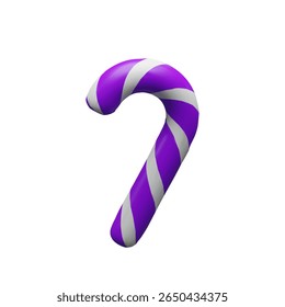 3D illustration of a purple and white striped candy cane. Festive Halloween-themed sweet in cartoon style. Seasonal designs, posters, prints, packaging, and holiday decorations.