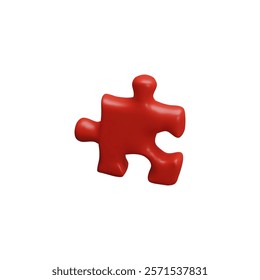 3D illustration of puzzle piece, red color, cartoon minimalist style. Piece, for connecting, children's puzzle. Cooperation and strategy in business. Teamwork. Vector on isolated background.