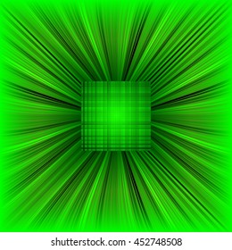 3d illustration. Radiant green psychedelic background. The three-dimensional space of the room. The prospect of converging to the center of the multi-colored stripes.
