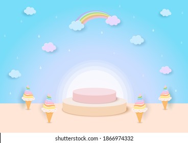 3D Illustration of rainbow ice cream cone with display stand on pastel background