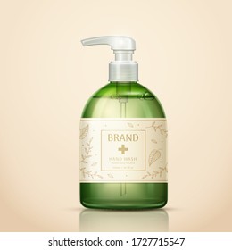 3D illustration of realistic bottle mock-up in transparent green design, element for cleansing produce use, isolated on beige background