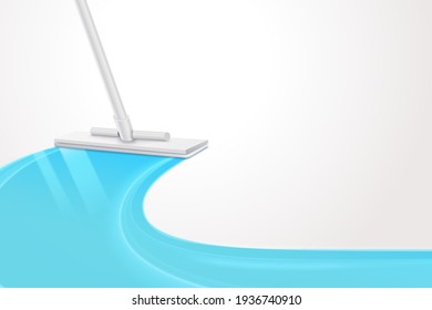 3d illustration of a realistic mop cleaning surface making a blue color on cleaned surface, design element used for floor cleaner ad.