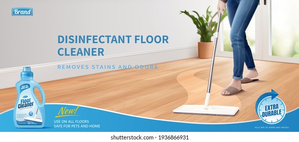 3d illustration of a realistic woman cleaning floor using disinfectant cleaner and mop. Advertisement poster layout of floor cleaner. - Shutterstock ID 1936866931