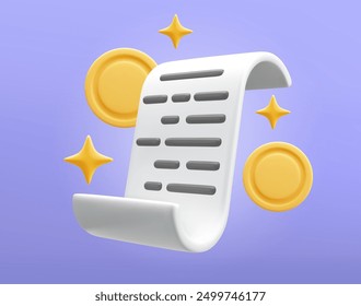 Ilustración 3D de un Comprobante, rodeado de monedas y estrellas