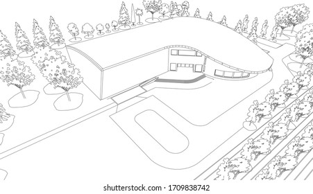 3D illustration of recreation building in wireframe