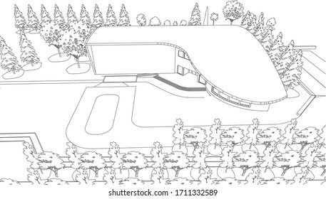3D illustration of recreation building in wireframe - vector perspective