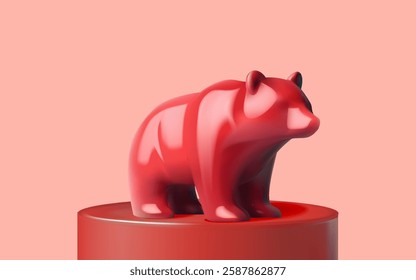 3D illustration of a red bear surrounded by descending bar graphs, symbolizing a bearish stock market trend.