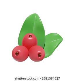 3D illustration of red coffee berries with glossy green leaves. Icon symbol isolated.