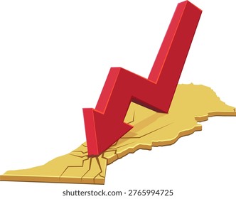 3D illustration of a red downward arrow crashing into a golden map of Morocco, symbolizing economic decline, inflation, market crash, and financial instability (cut out)