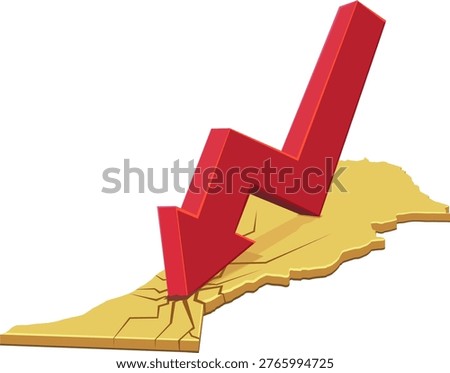 3D illustration of a red downward arrow crashing into a golden map of Morocco, symbolizing economic decline, inflation, market crash, and financial instability (cut out)