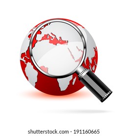3d illustration of red earth globe with magnify glass, over white background