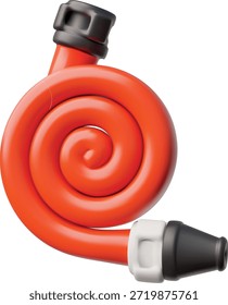 Ilustração 3D de uma mangueira de fogo vermelha com acessórios, enrolada em uma espiral. Equipamento para serviços de emergência. Ferramenta para fornecimento de água em situações de emergência. Ilustração vetorial. Plano de fundo isolado.