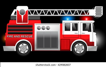 3D Illustration Of A Red Fire And Rescue Truck With Flashing Lights .