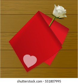 3D Illustration of a Red Folded Handkerchief with Heart Decoration and White Ivory Rose Over Wooden Background