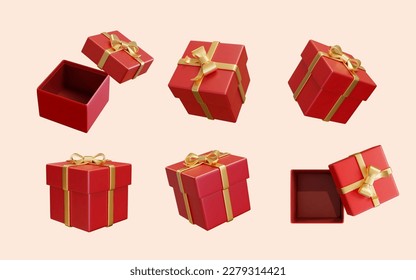 3D Illustration of red giftboxes wrapped with gold ribbon open and close mockups in different angle isolated on light pink background. Suitable for birthday party and festive celebration.