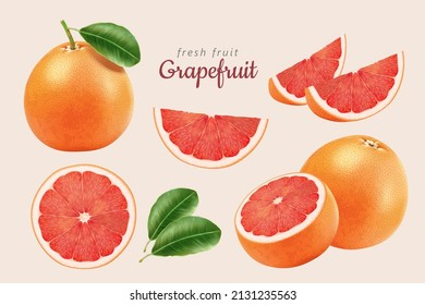 3d illustration of red grapefruits in halves and wedges with its leaves isolated on light pink background