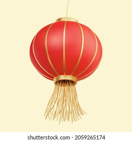 3d illustration of red hanging lantern with tassel. Asian festival decor element isolated on yellow background.