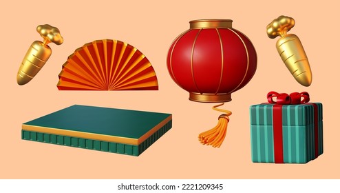 Ilustración 3D de linterna roja, ventilador, zanahorias doradas, caja de regalo esmeralda y escenario de exposición aislado en un fondo naranja claro.