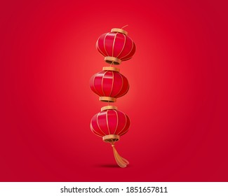 3d illustration of red lanterns with tassel isolated on red background, design elements for Chinese lunar year