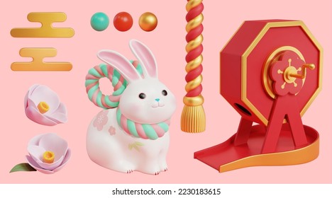 3D Illustration of red lottery wheel garapon, red and golden rope handle, decorative spheres, oriental clouds, flowers, and white rabbit isolated on pink background