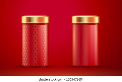 3d illustration red round tins with gold lids set isolated on red background