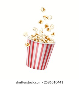 3D illustration of a red and white striped popcorn bucket with flying pieces. Symbol of movie theaters, cinema experiences, and entertainment, suitable for design and advertising.