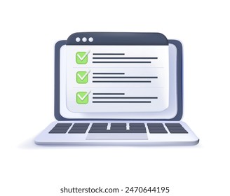 3D illustration related to network, internet. Checklist browser window. Check mark. Choice, survey 3D concept. Web banners, websites, infographics. 3D design, vector illustration