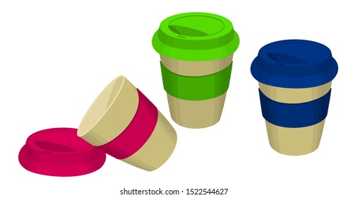 3D illustration of reusable bamboo coffee cups. Vector drawing. zero waste sustainable concept. colorful reusable cup isolated on white background. ecological lifestyle.