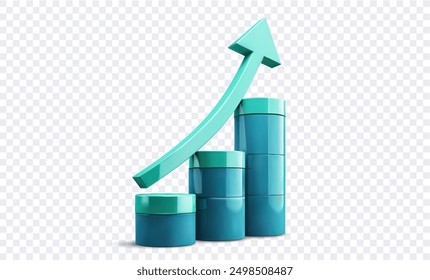 3D illustration of a rising arrow graph with cylindrical bars, symbolizing business growth and financial success on a transparent background.  Vector illustration