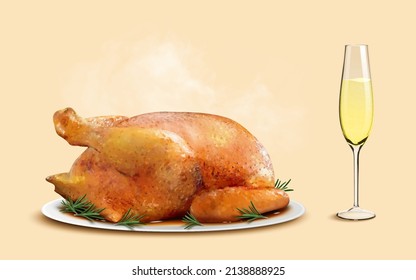 3D Illustration of roasted turkey and a glass of champagne on light orange background. Food set suitable for Thanksgiving or Christmas dinner