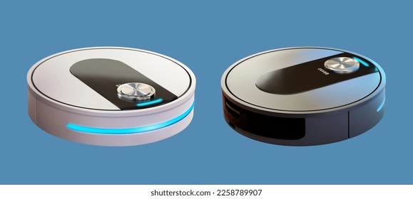 3D illustration of robot vacuum cleaner machine model isolated on blue grey background