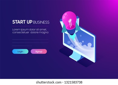 3D illustration of rocket with infographic elements and ultraviolet rays for Business Startup concept landing page design. - Vector