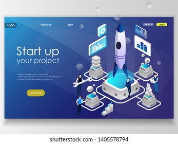 3D illustration of rocket with infographic elements. Startup concept landing page design. Business design