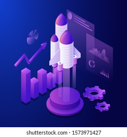 3D illustration of rocket with infographic elements and multiple screen for Business Startup concept.
