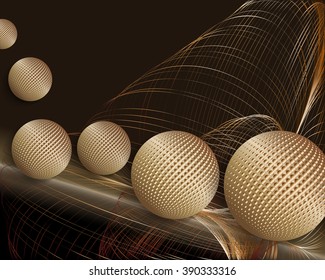 3d illustration of rolling golden balls and gold threads. Vector abstract background with geometric shapes wireframe.