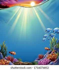 3d illustration of romantic tropical ocean with colorful fish, coral reef and captivating dusk above water surface, for background use